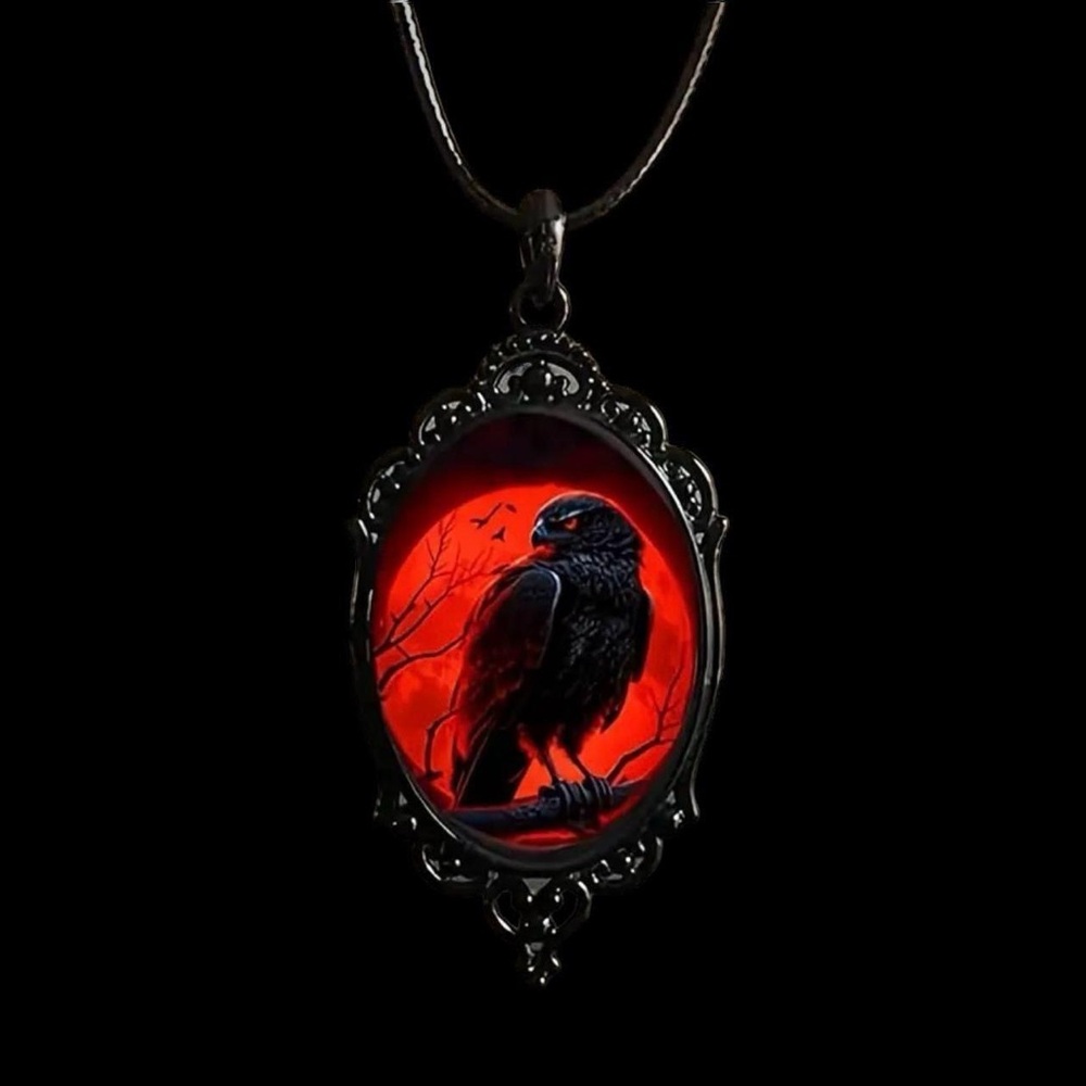 Gothic Crow Red Moon Cameo Style Black‎ Pendant Necklace